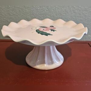 Pretty In Pink Scalloped Edge Ceramic Floral Cake Stand, 5" tall by 7.5" round